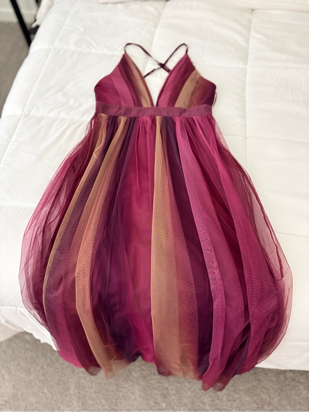 Luxxel Burgundy and Gold Striped Tulle Maxi Dress